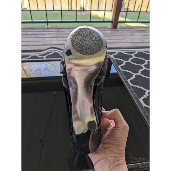 H by Halston Pumps Womens Sz 8.5 Black Patent Leather Platform Peeptoe Stilettos - Picture 15 of 16